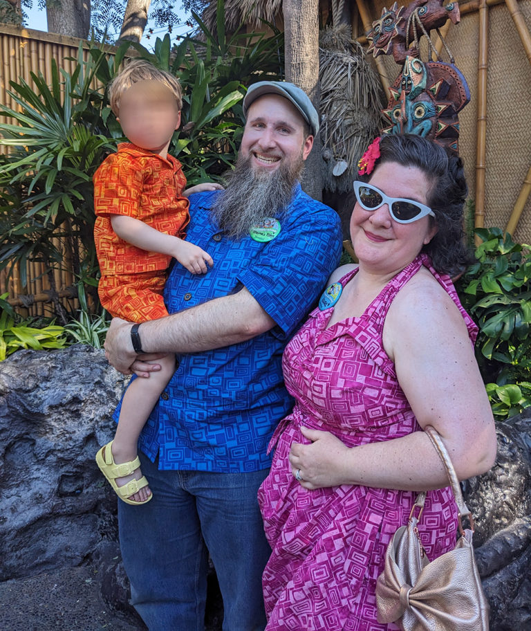 Coordinated batik halter top/skirt, Hawaiian style shirt, and Hawaiian style shirt/shorts